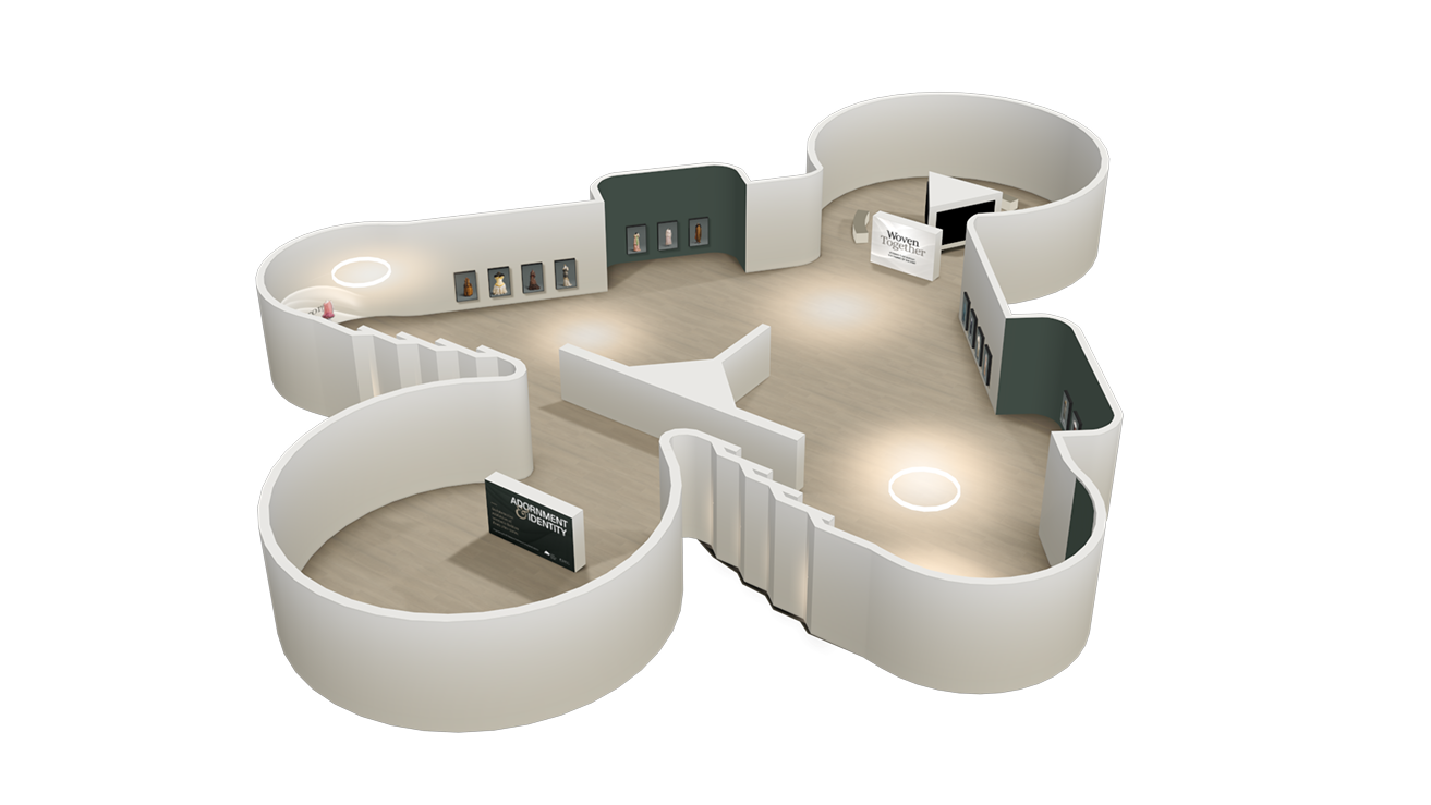 A 3-dimensional rendering of the virtual museum space users navigate around in the Immersive Experience section of this website showing exhibit images on the walls and alcoves, as well as three entry points to expanded exhibitions.
