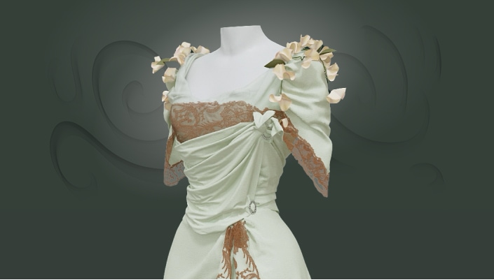 The back side of a couture evening gown made of mint-green skirt and bodice made from four types of silk in the same colour, with surface decorations of cotton lace and convolvulus (morning glory) flowers.