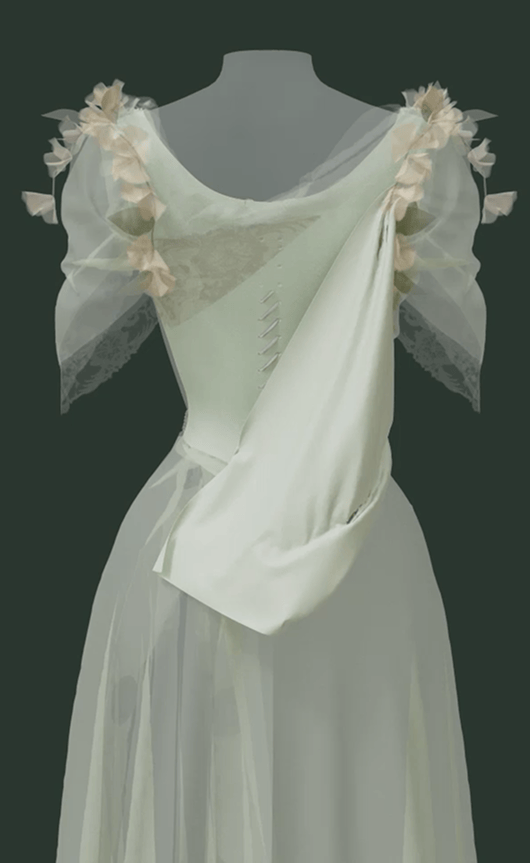 A close up of the back of a 3 dimensional rendering of the Worth Dress, showing its bodice unfastened and unwrapping.