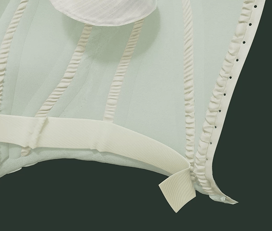 A close up of a 3 dimensional rendering of the Worth Dress’ bodice interior showing its handsewn eyelets.