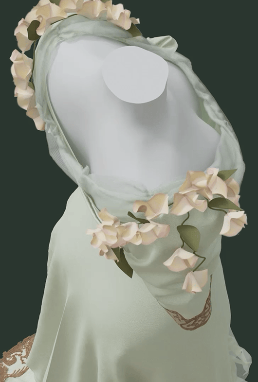 A view from above a 3 dimensional rendering of the Worth Dress, showing its neckline featuring surface decorations of cotton lace and morning glory flowers.