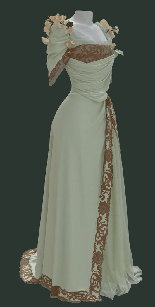 A side frontal view of a 3 dimensional rendering of the Worth Dress, showing its separate mint green skirt and bodice with surface decorations of cotton lace and morning glory flowers. The neckline features silk netting and three-inch wide lace with an irregular edge. The lace is also doubled on the bodice to create a wider effect. Draped, asymmetrical silk crepe de chine on the bodice and skirt flows over the garment’s highly structured base layer.