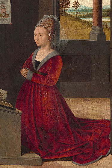 Painting of woman in a red velvet dress, genuflecting before the bible with hands grasped in prayer.