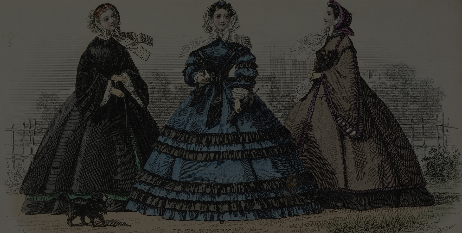 Illustration of three women wearing large hooped dresses and coats. A church is visible in the distance behind them.
