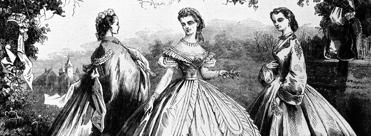 An illustration of three women in Victorian dress with village in the background.