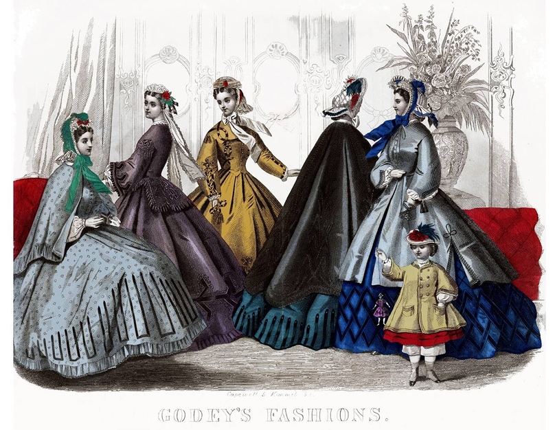 Illustration from Godey’s Fashion Magazine shows a group of women and one child in Victorian dress.