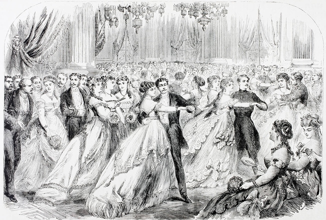 Illustration of men and women dancing in a lavish ballroom.