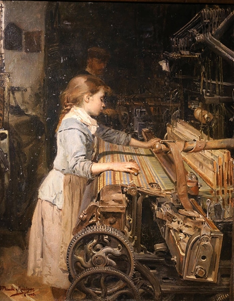 Oil painting of a young spanish girl working a loom.