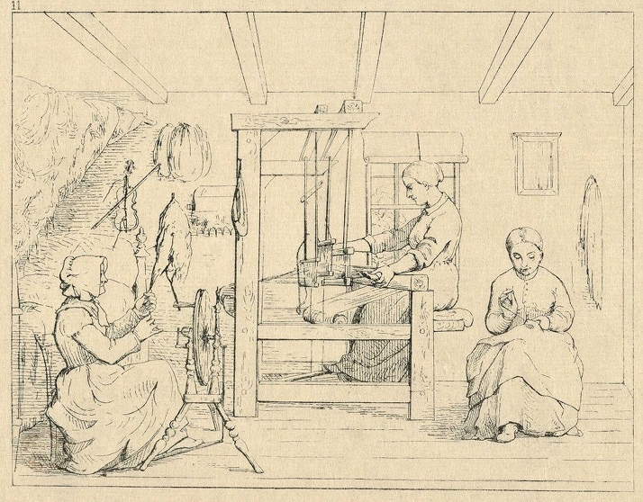 An etching of women spinning and weaving cotton during the civil war.