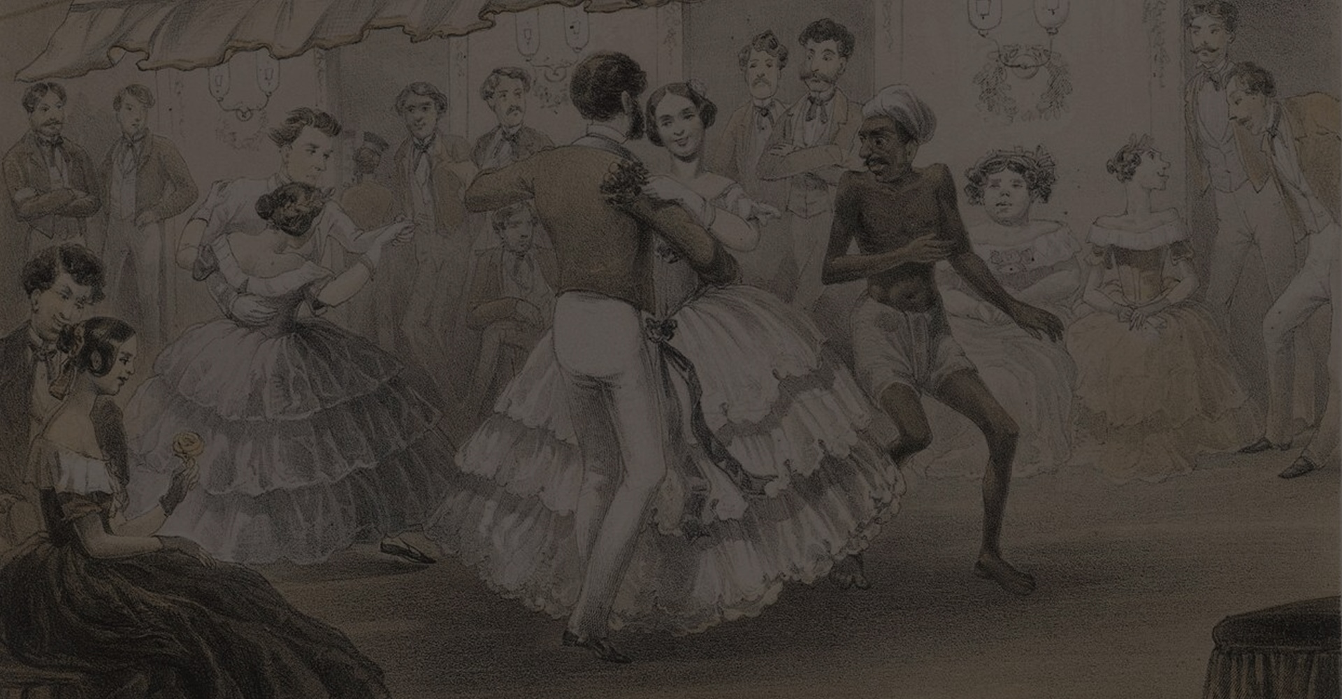 British colonial men and women dance at an English station ball during the British Raj, while an Indian man moves to avoid them.