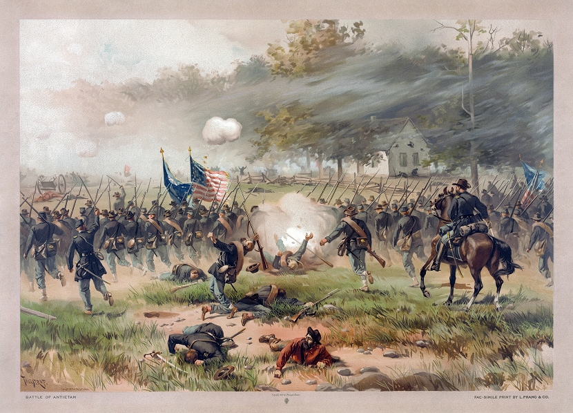Painting of union soldiers storming across a rural battlefield into oncoming artillery fire during the civil war. Officers on horseback follow.