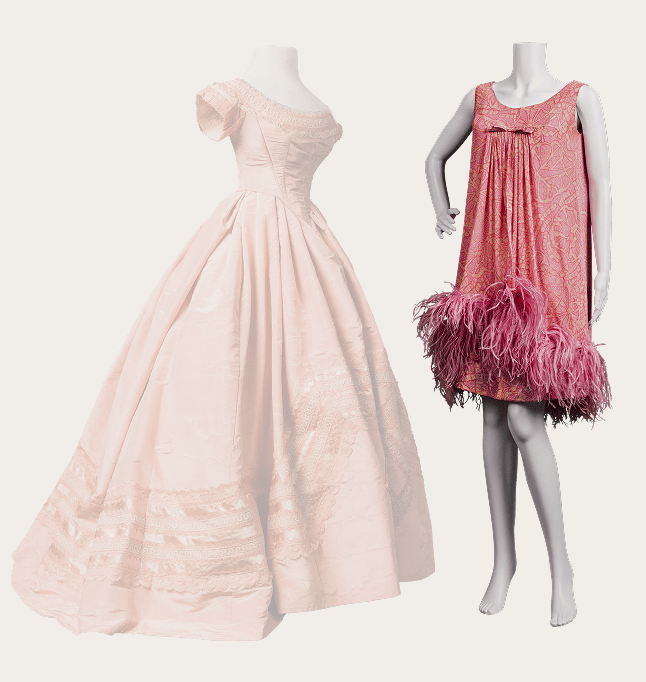 A pink cocktail party dress from the 1960s made of foulard silk shift and chiffon overdress printed with a paisley pattern. It features a loose, A-line cut and short hem over the knee fringed with pink feathers.